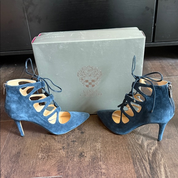 Vince Camuto Navy Lace-Up Suede Heels - Picture 1 of 4